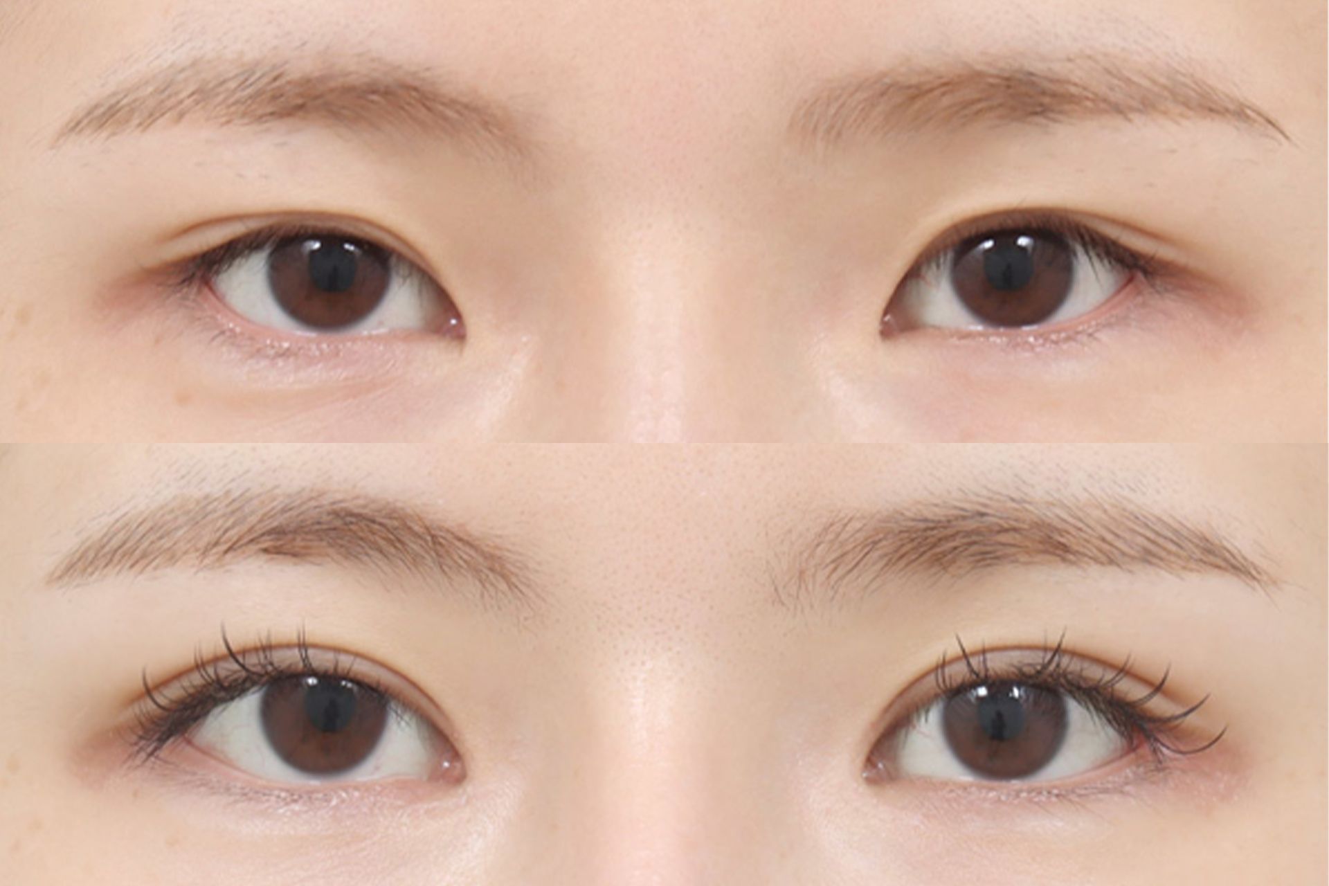 Two pairs of eyes; before and after cosmetic enhancements. Bottom pair has eyelashes and eye makeup.