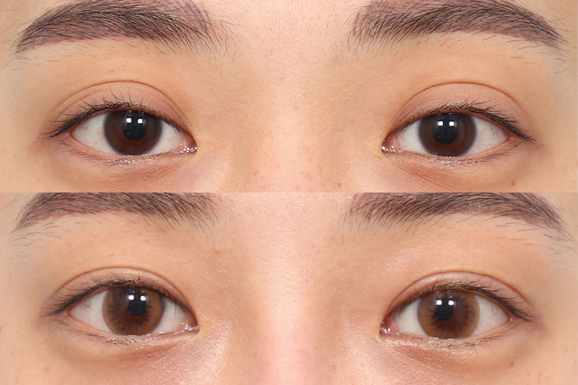 Two pairs of brown eyes. Top pair with dark pupils, bottom pair with lighter pupils, slight difference in eyelid fold.