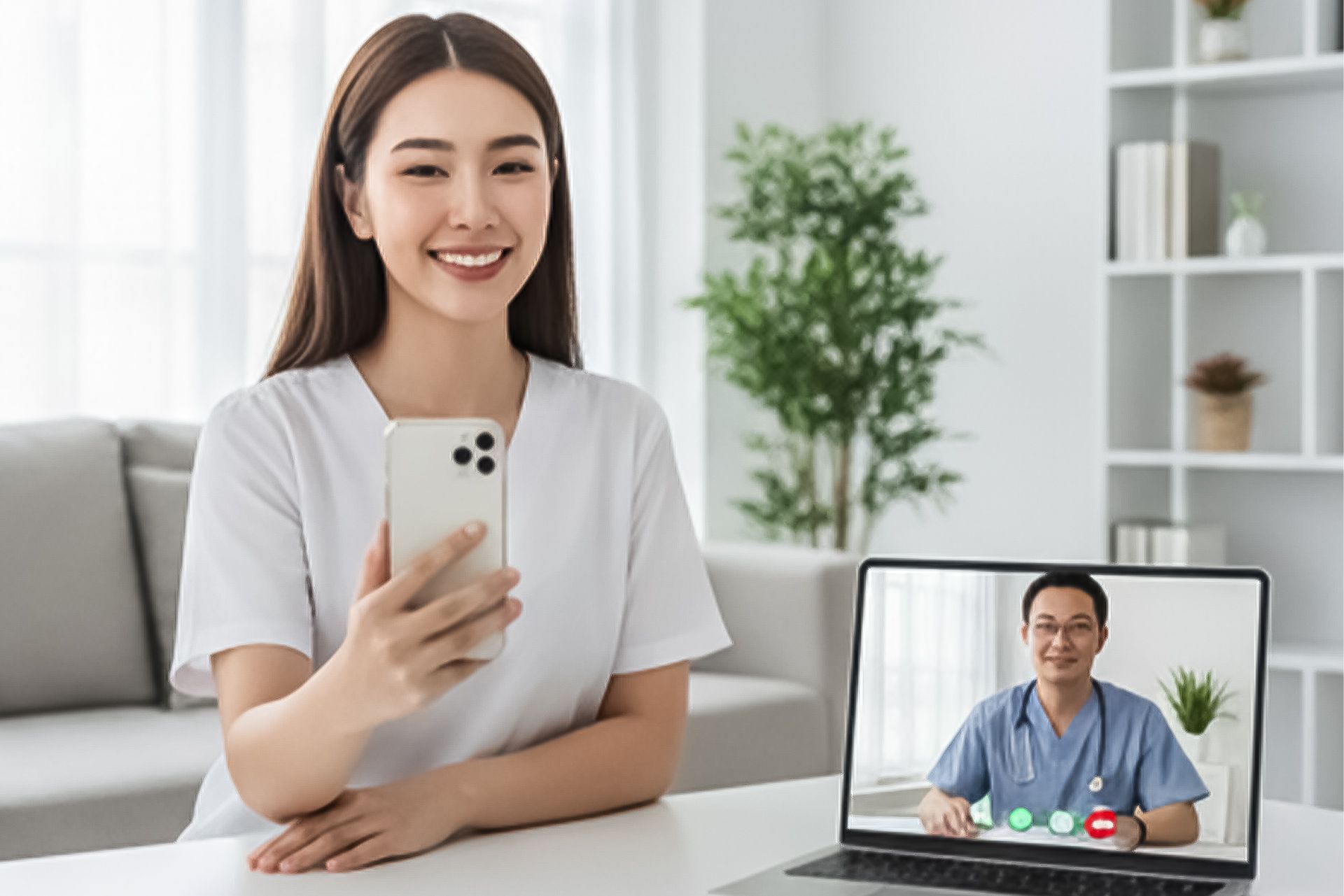 Woman smiles, holding phone during video call with doctor on laptop. Home setting.