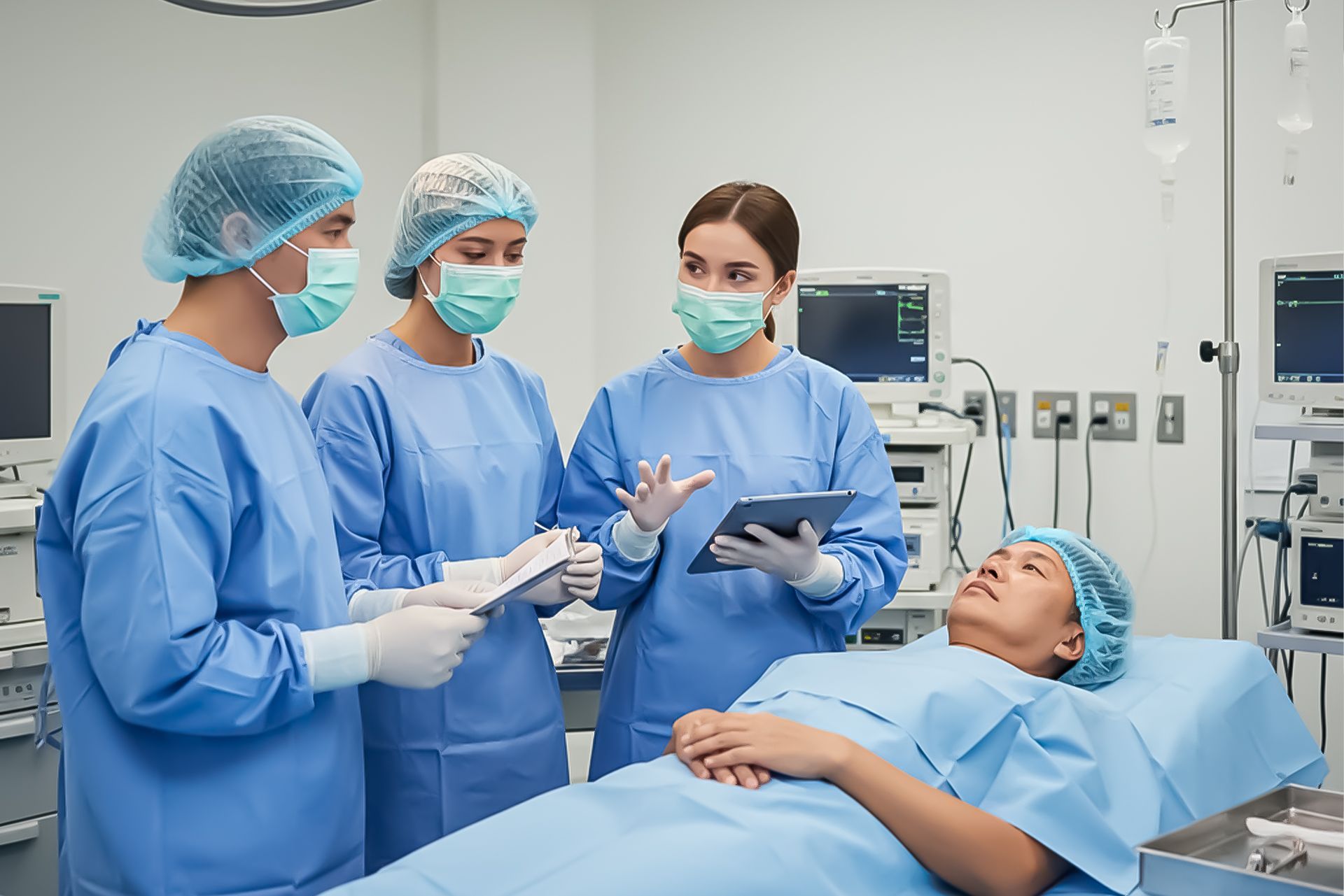 Operating room: Three healthcare workers reviewing documents with a patient lying on a bed.