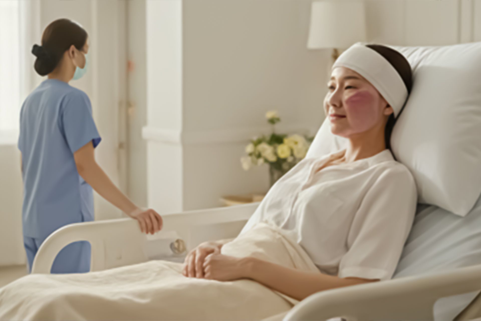 Woman in hospital bed with red face, nurse in background.