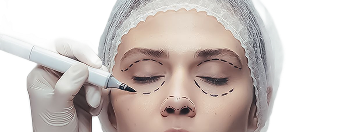 A person's face with dotted lines around their eyes, a gloved hand holding a marker.