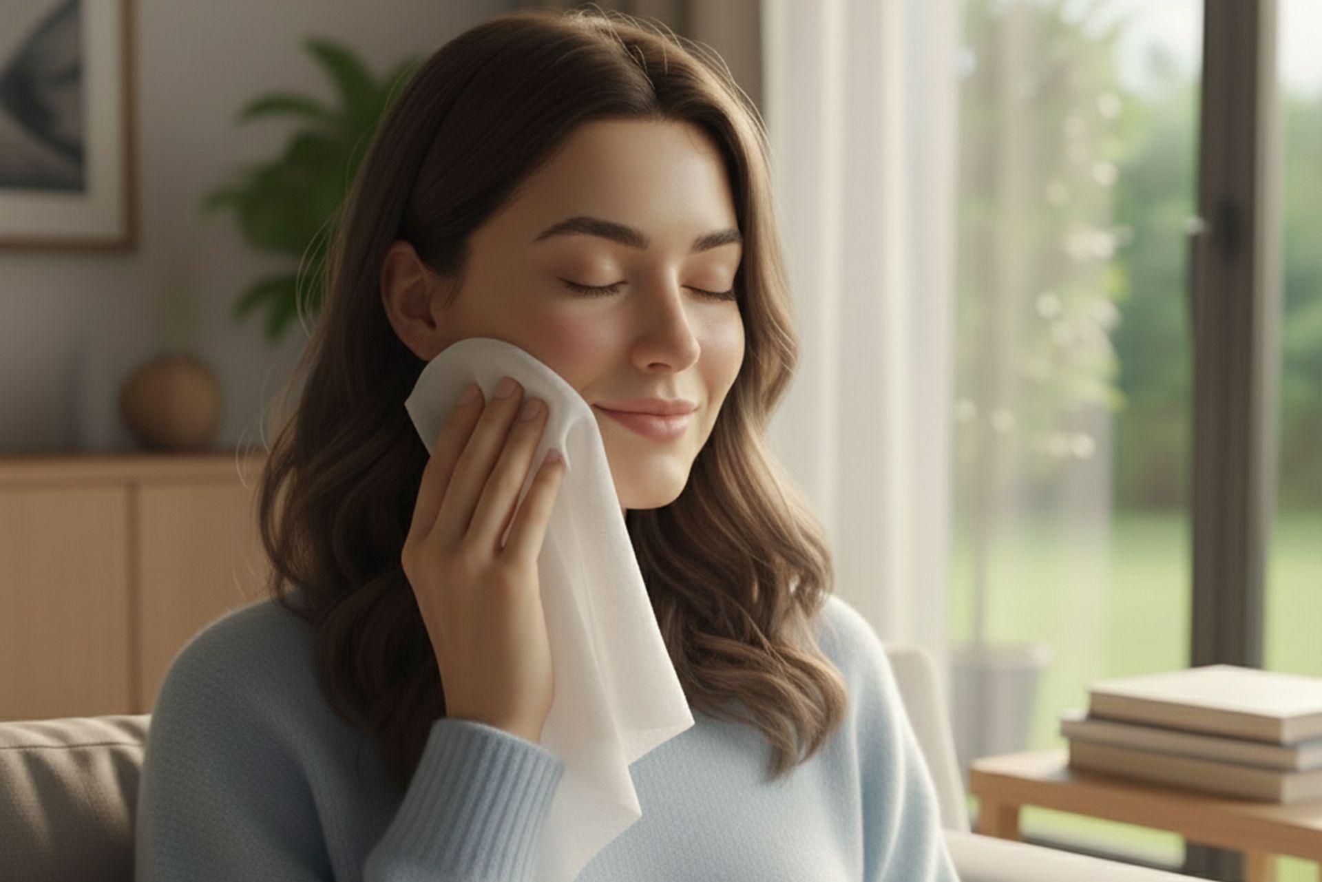 Woman wipes face with a white wipe, eyes closed, lit by sunlight in a cozy living room.