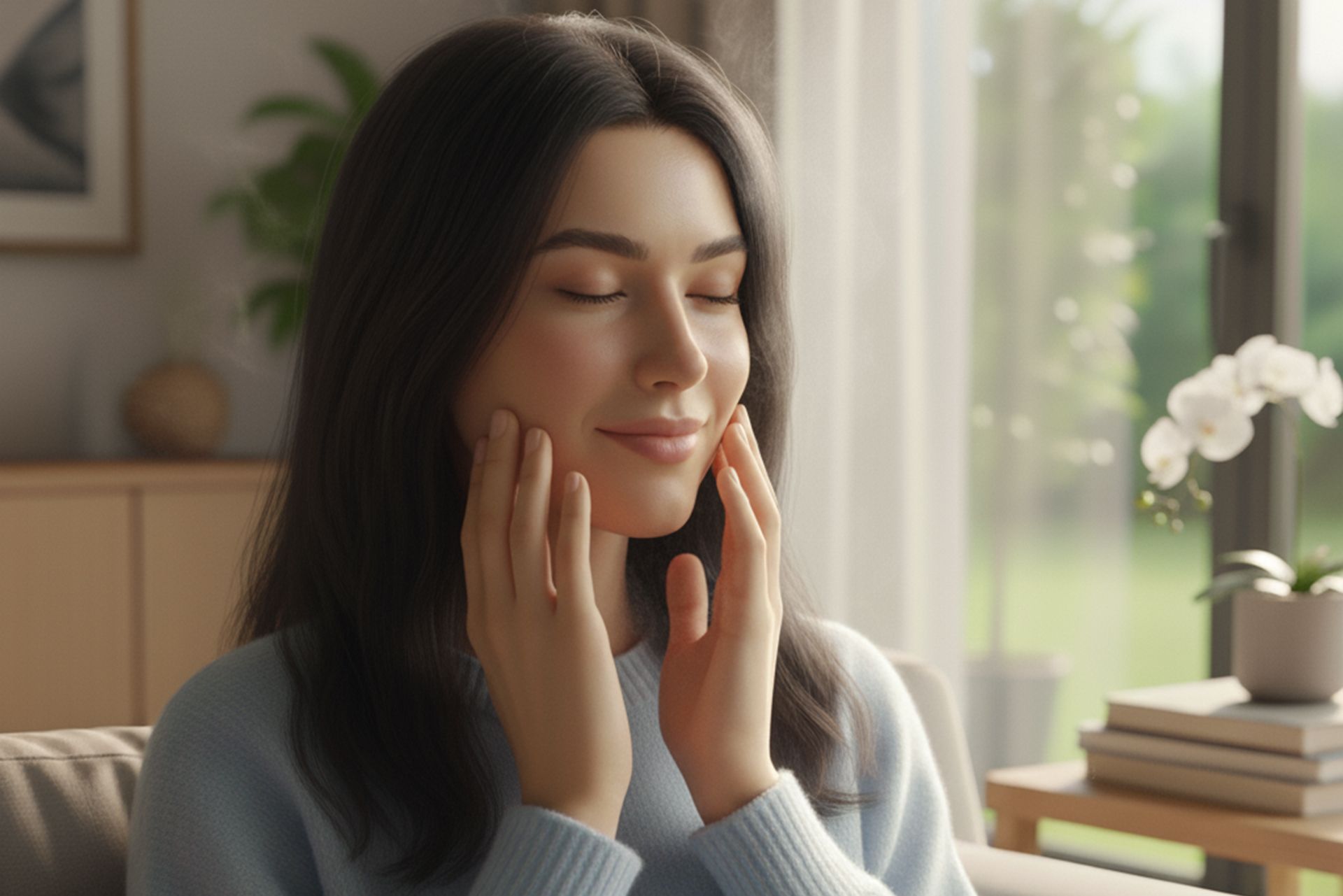 Woman with eyes closed, gently touching her cheeks, bathed in sunlight. Interior setting with plants.