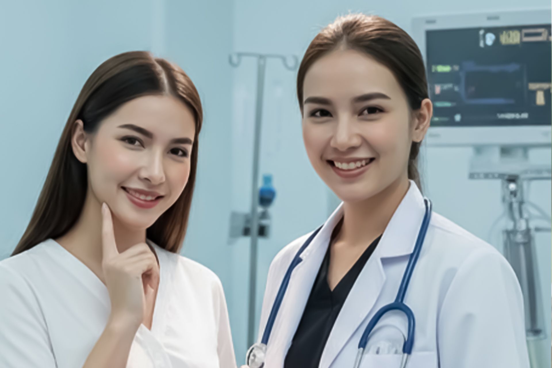 Woman patient with doctor, smiling in a hospital setting. Doctor wears a white coat and stethoscope.