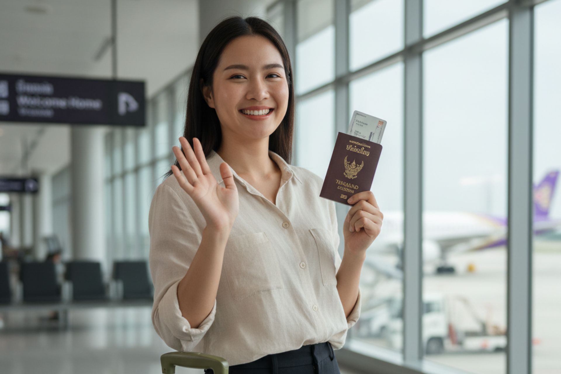 Woman at airport waving, holding Thai passport and boarding pass.