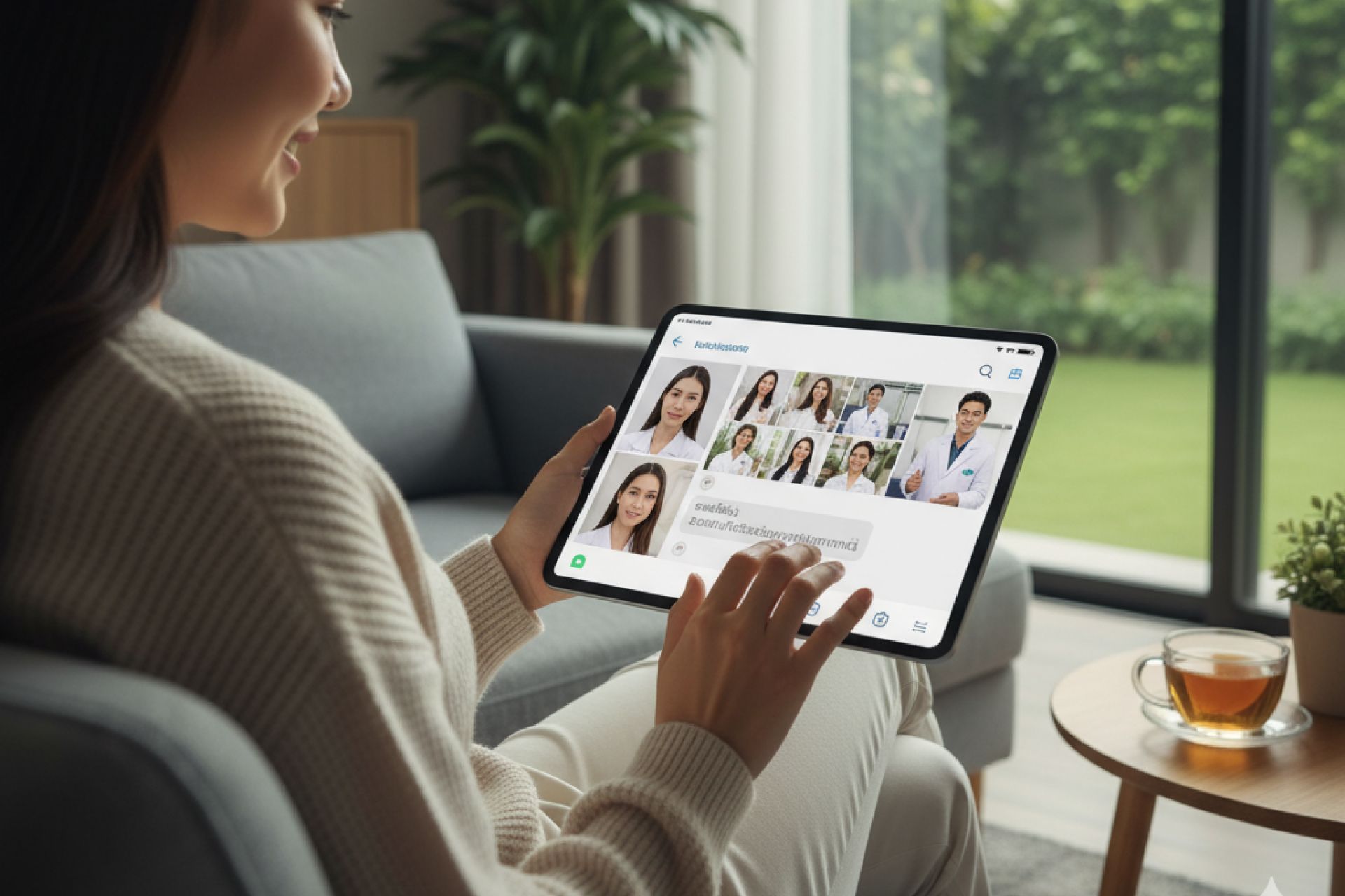 Woman smiling, using a tablet on a couch, video call with doctors displayed.