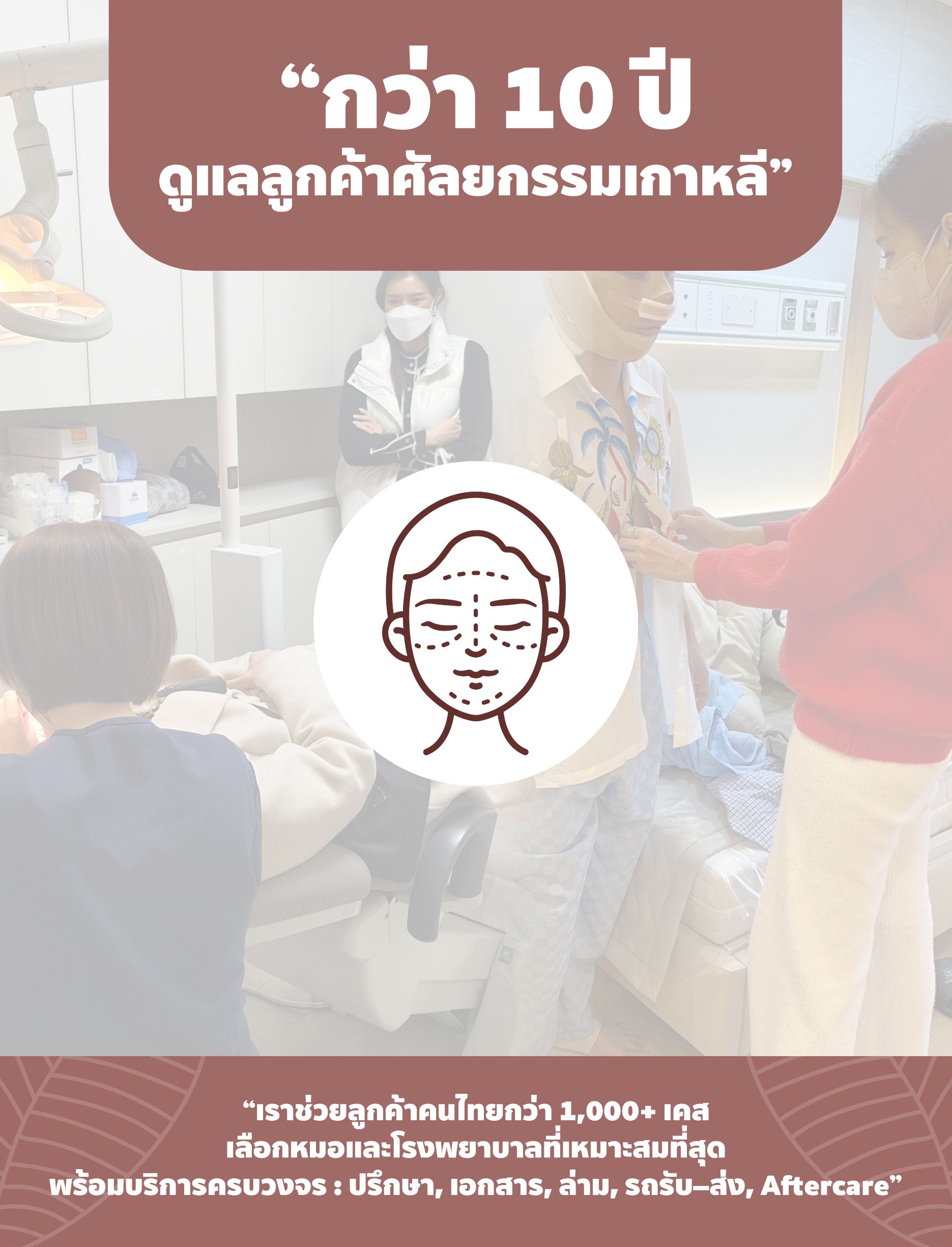 Promotional poster about Korean cosmetic surgery care. Contains photo of patients and staff and text.