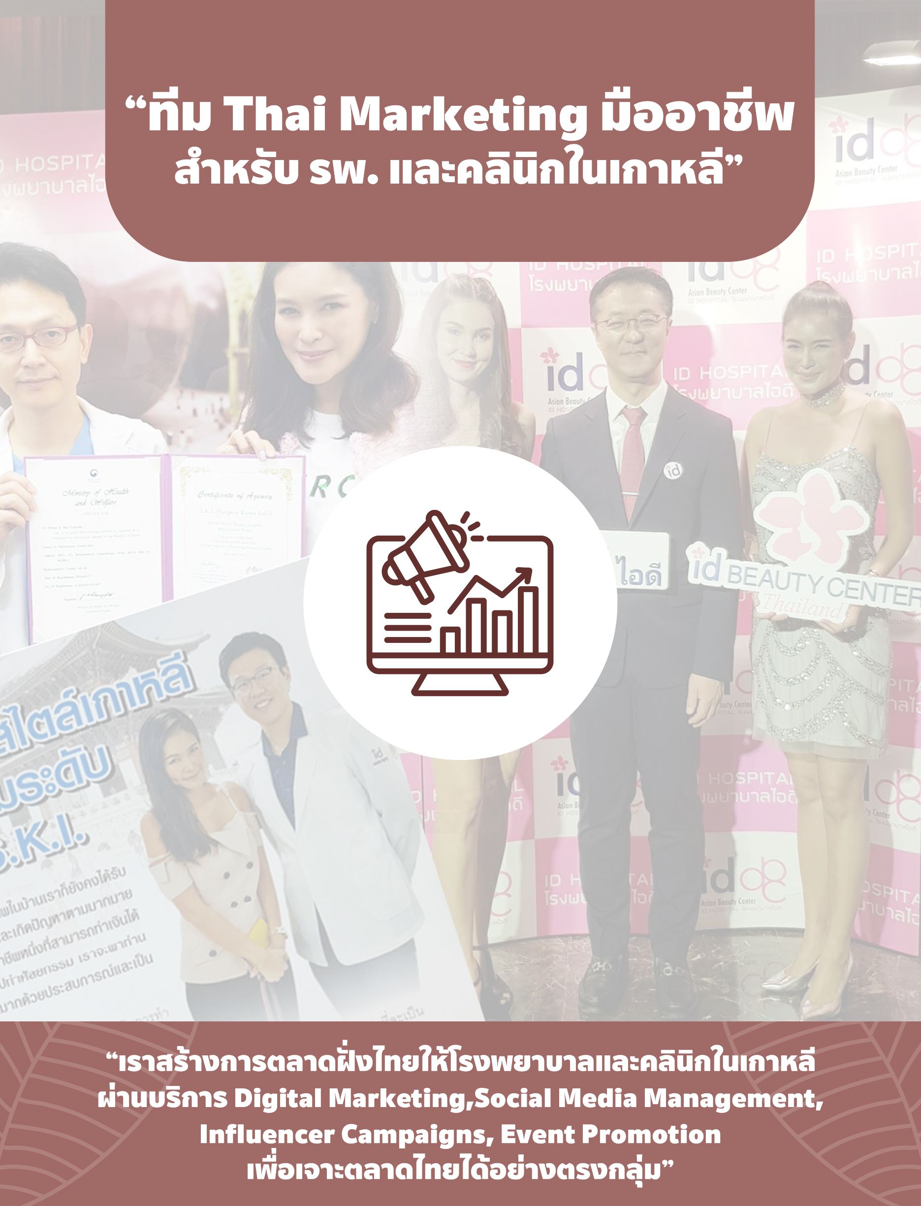 Promotional graphic for Thai marketing services for clinics and hospitals in Korea with photos and icons.