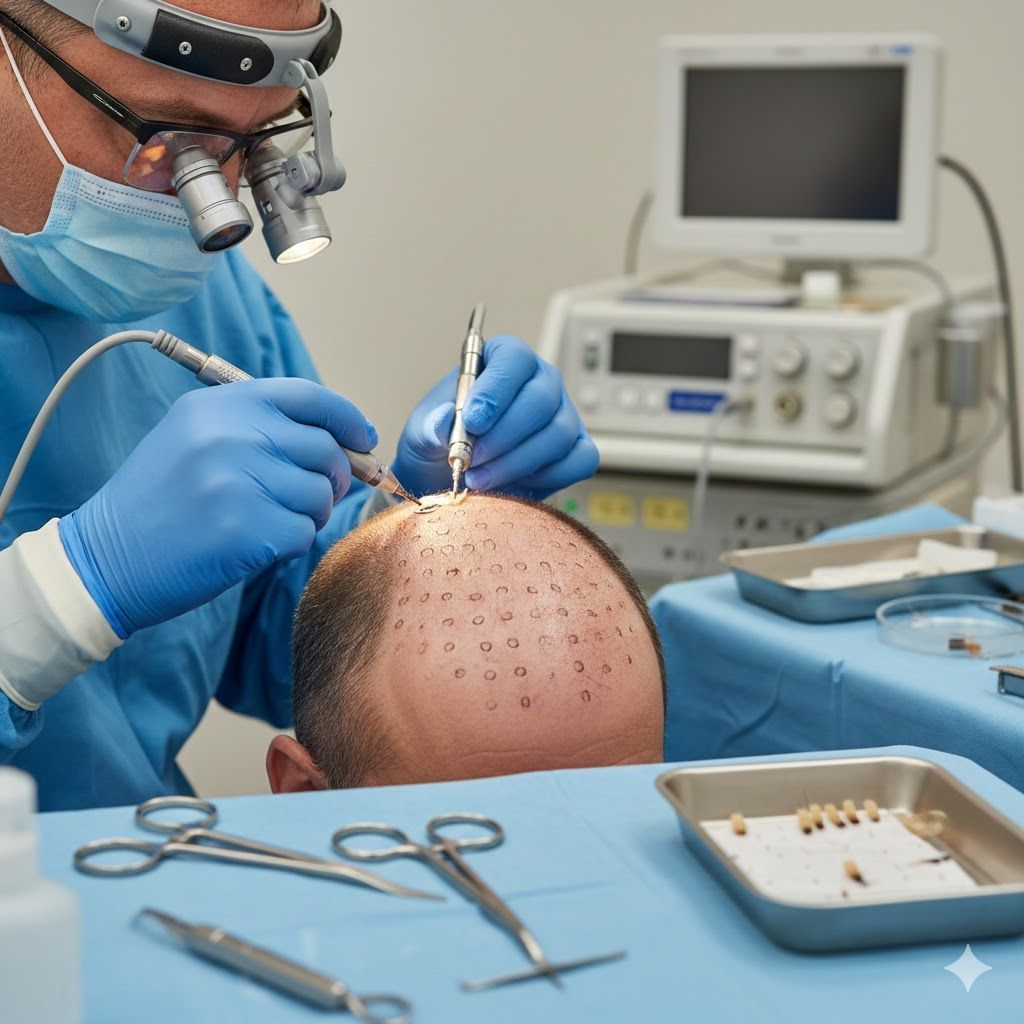 Surgeon performing a hair transplant. Patient's scalp has dot markings. Surgical tools and equipment on the table.