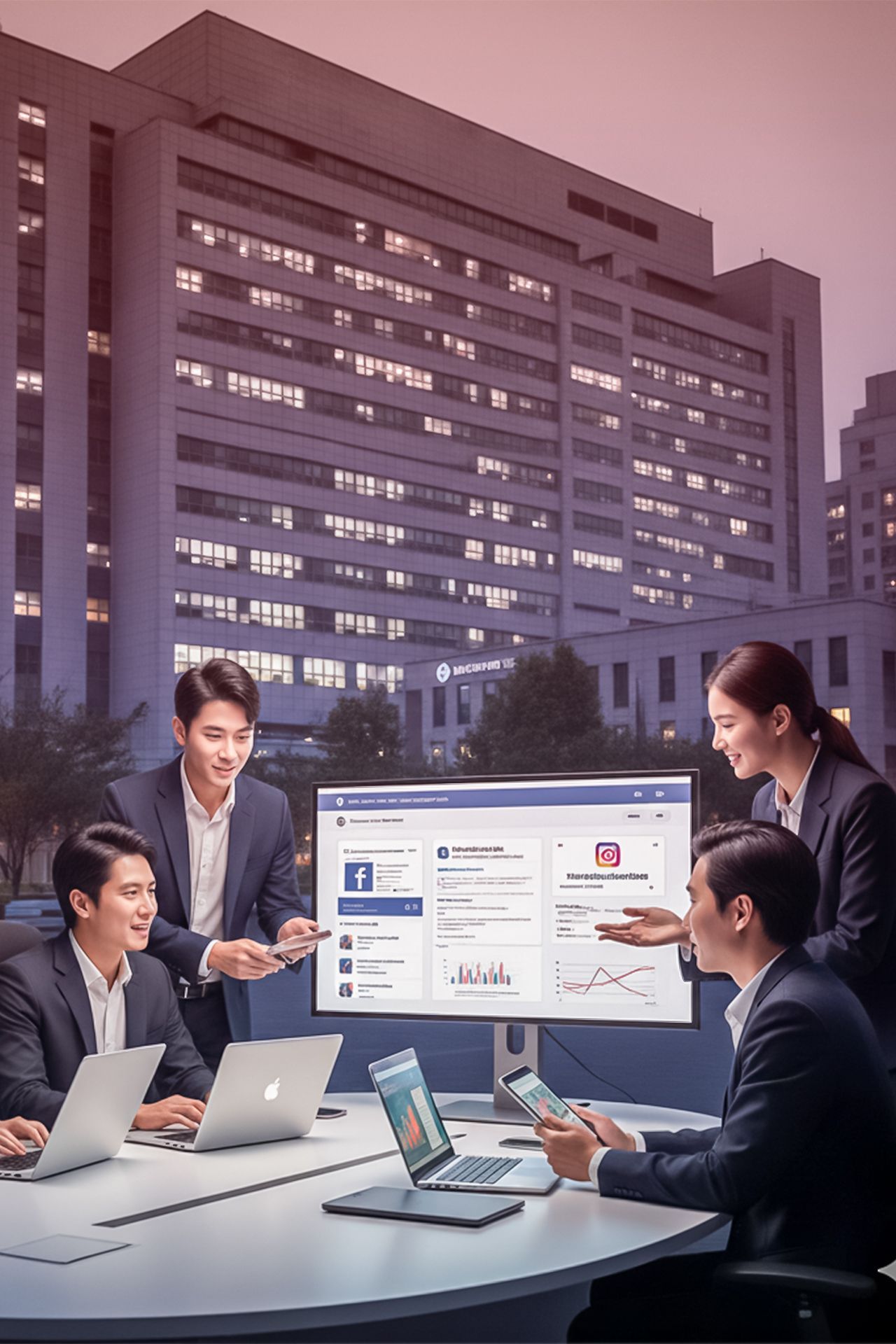 Business team reviews social media analytics on a computer screen in an office. Building exterior in the background.