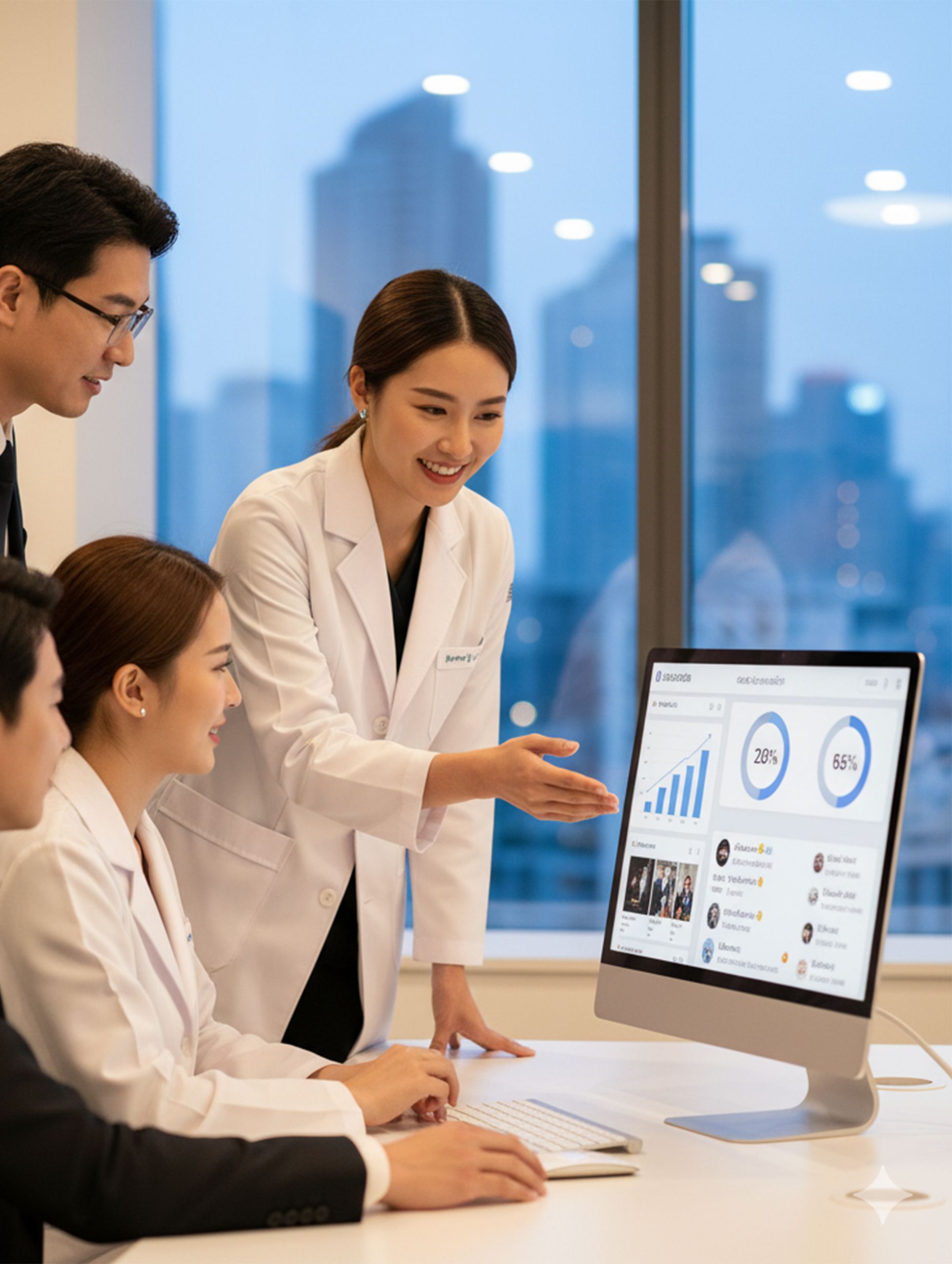 Four people in white coats looking at a computer screen with data charts in an office setting.