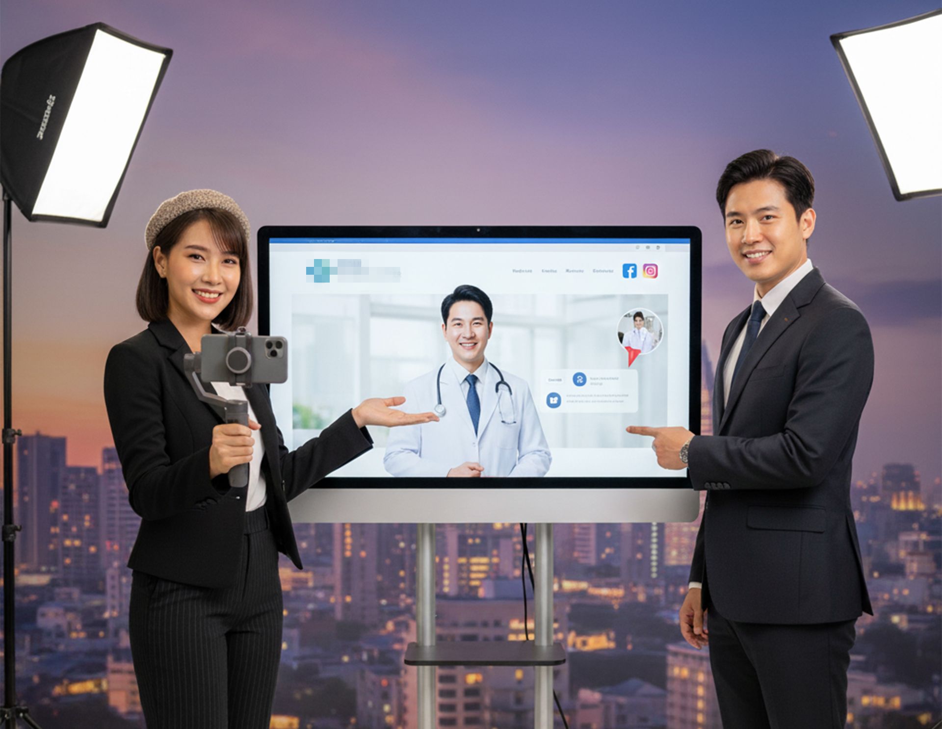 Two people present online healthcare on a screen, city backdrop. Woman holds camera, man points.