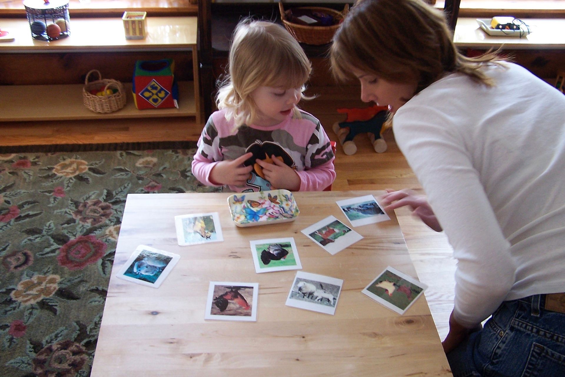 A Montessori child playing with photo cards