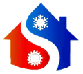Logo of a house shape with a Yin-Yang design depicting hot and cold; snowflake, sun icons.