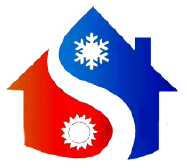 Logo of a house shape with a Yin-Yang design depicting hot and cold; snowflake, sun icons.