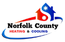 Logo for Norfolk County Heating & Cooling: House with red/blue heat/cool symbol. Blue arch below.