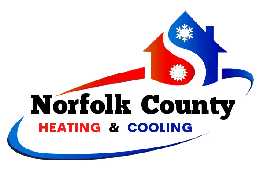 Logo for Norfolk County Heating & Cooling: House with red/blue heat/cool symbol. Blue arch below.