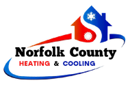 Logo for Norfolk County Heating & Cooling: House with red/blue heat/cool symbol. Blue arch below.