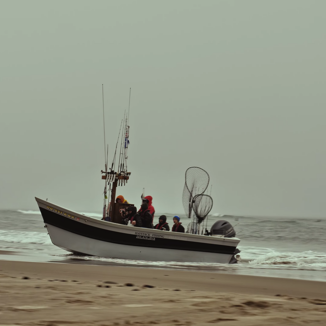 Boat with people on a sandy beach on a cloudy day.