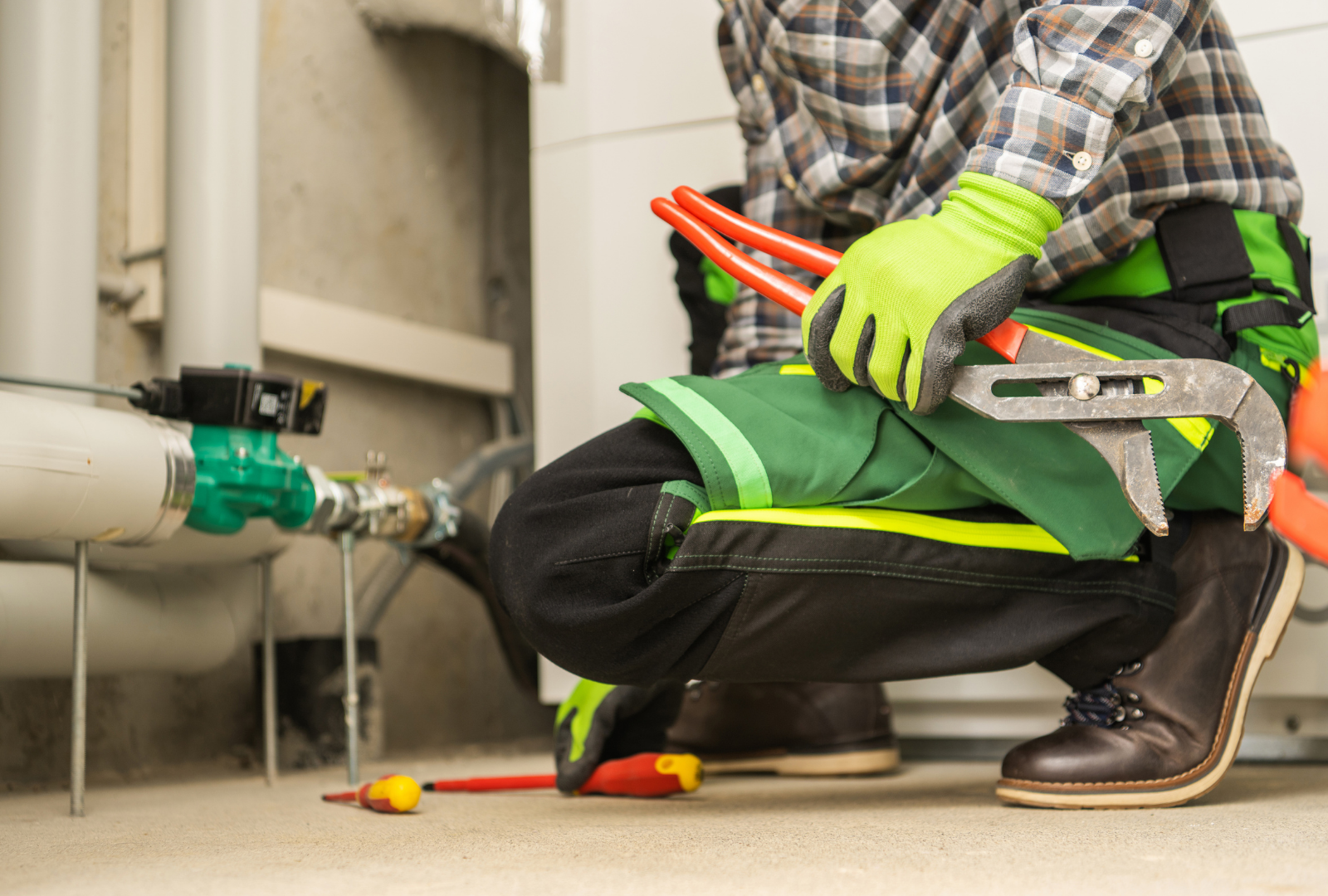 Plumber in green gloves, plaid shirt, kneeling, using a wrench on pipes in a utility room.