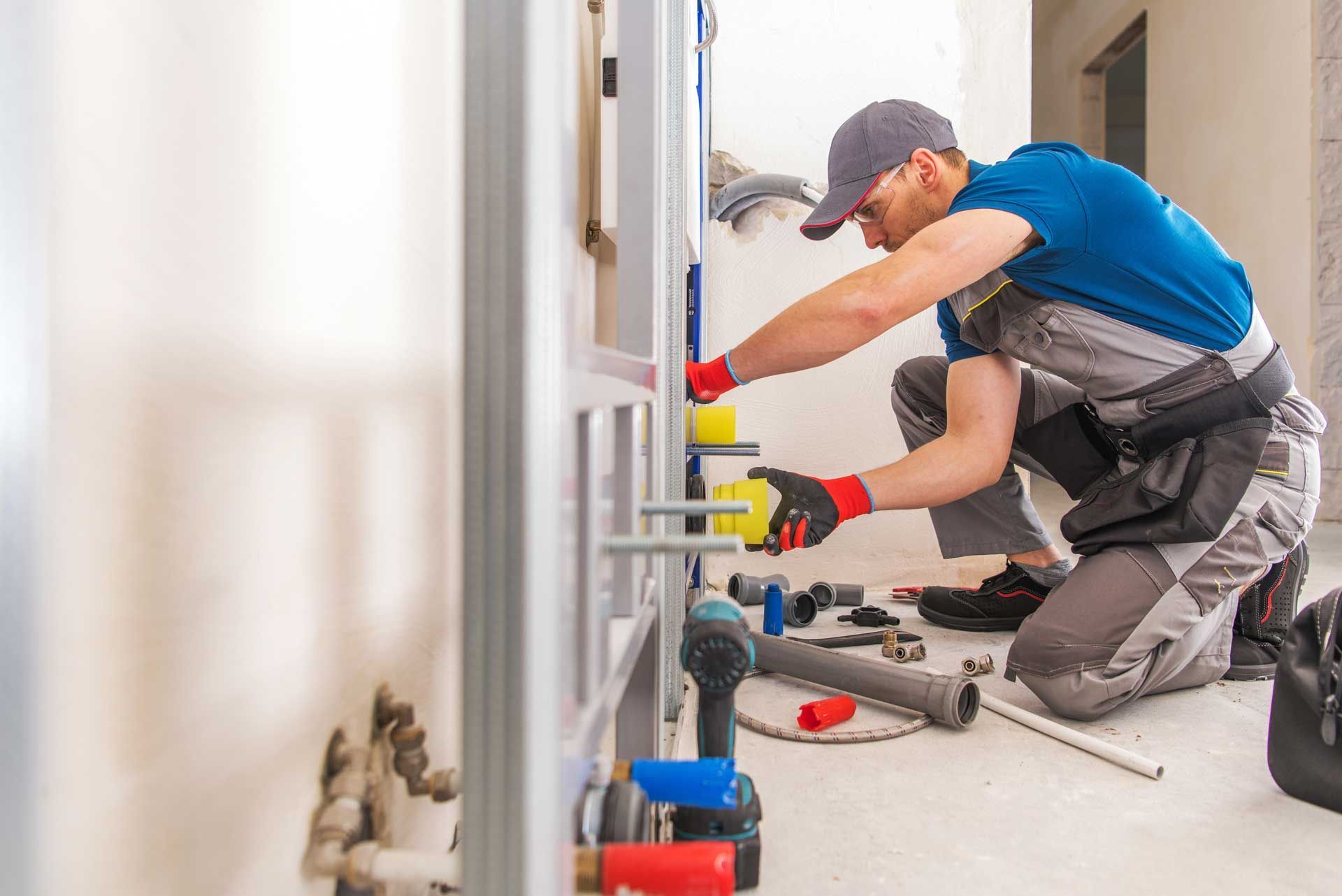 Plumber in blue shirt and cap repairs pipes under a sink in a bright kitchen