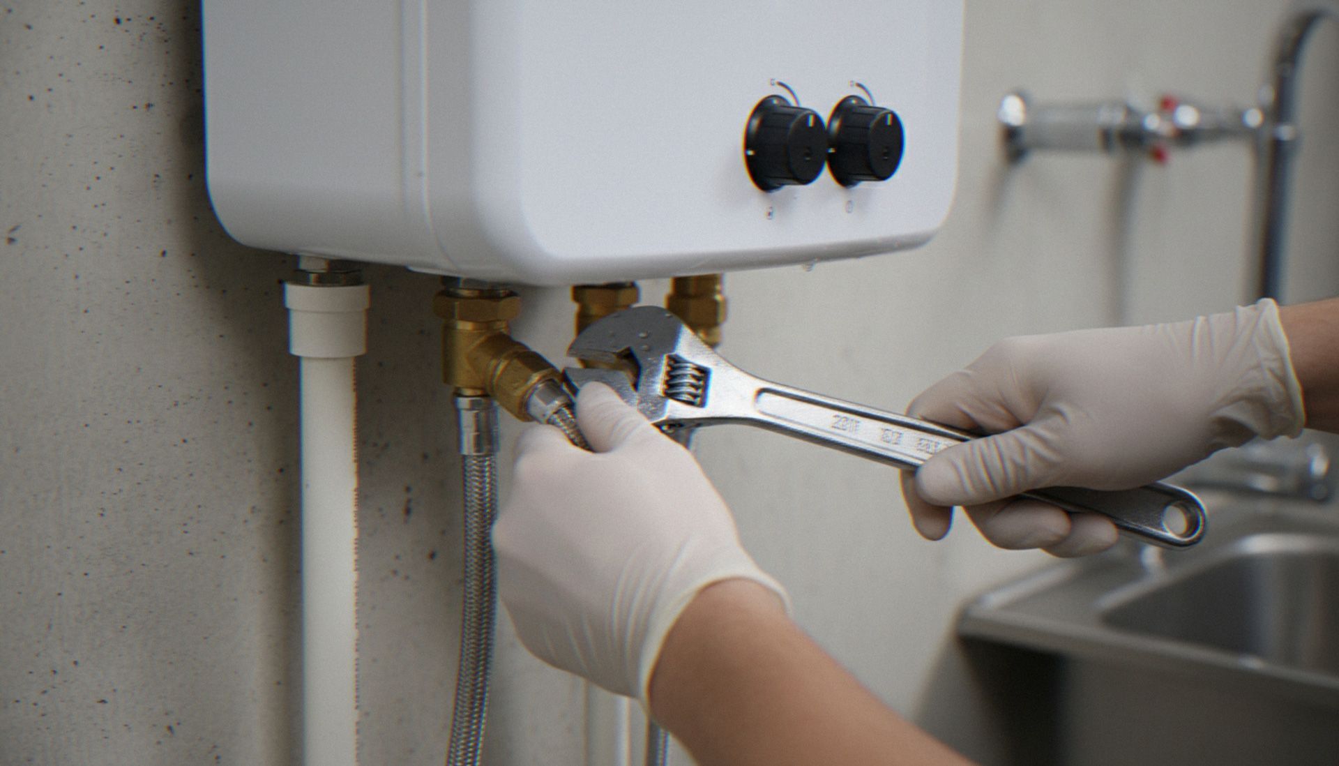 Gloved hands using a wrench to repair a sink pipe beneath a white tank in a utility area