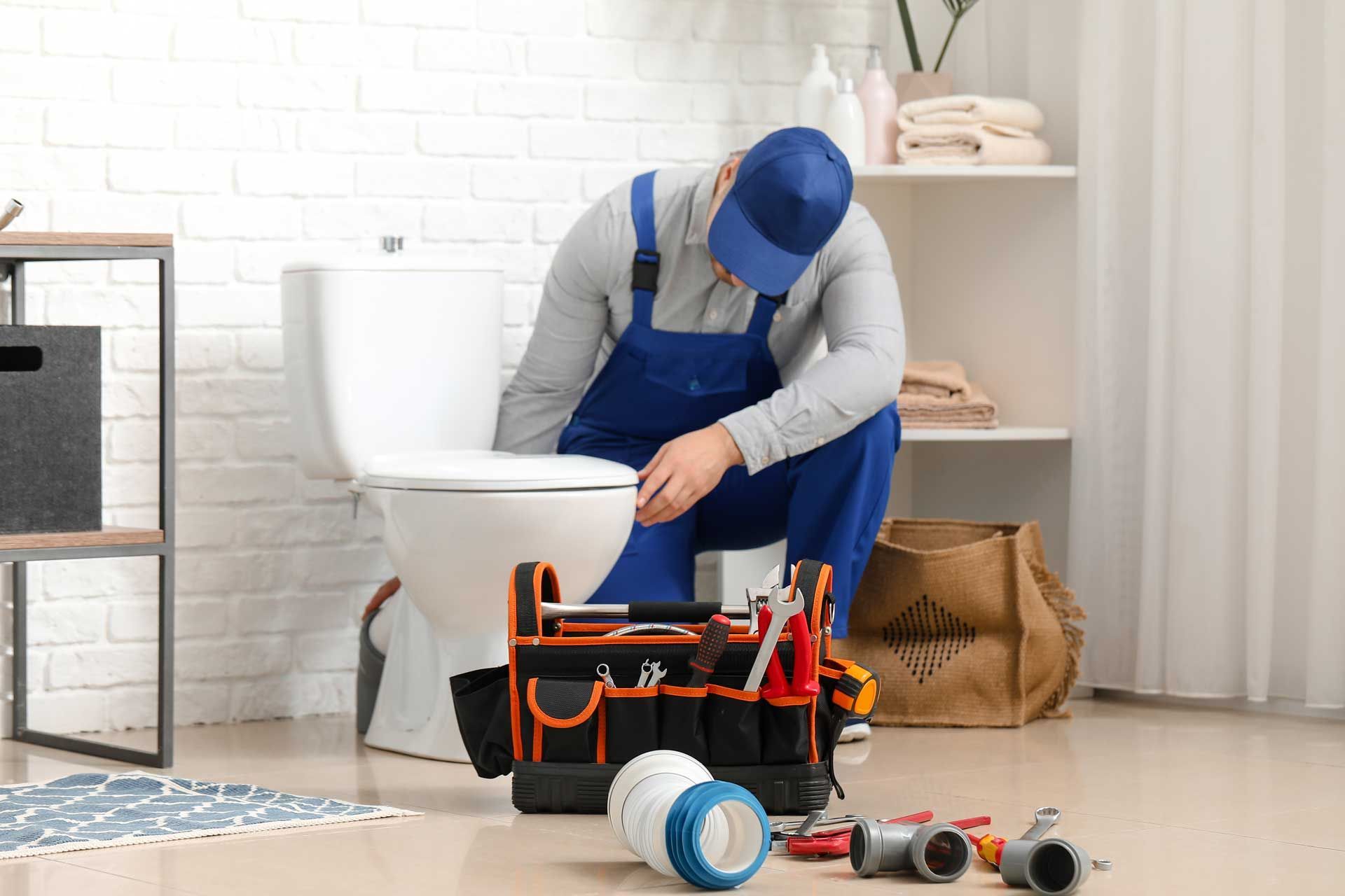Plumber in blue overalls repairing a bathroom sink, with tools on the floor nearby