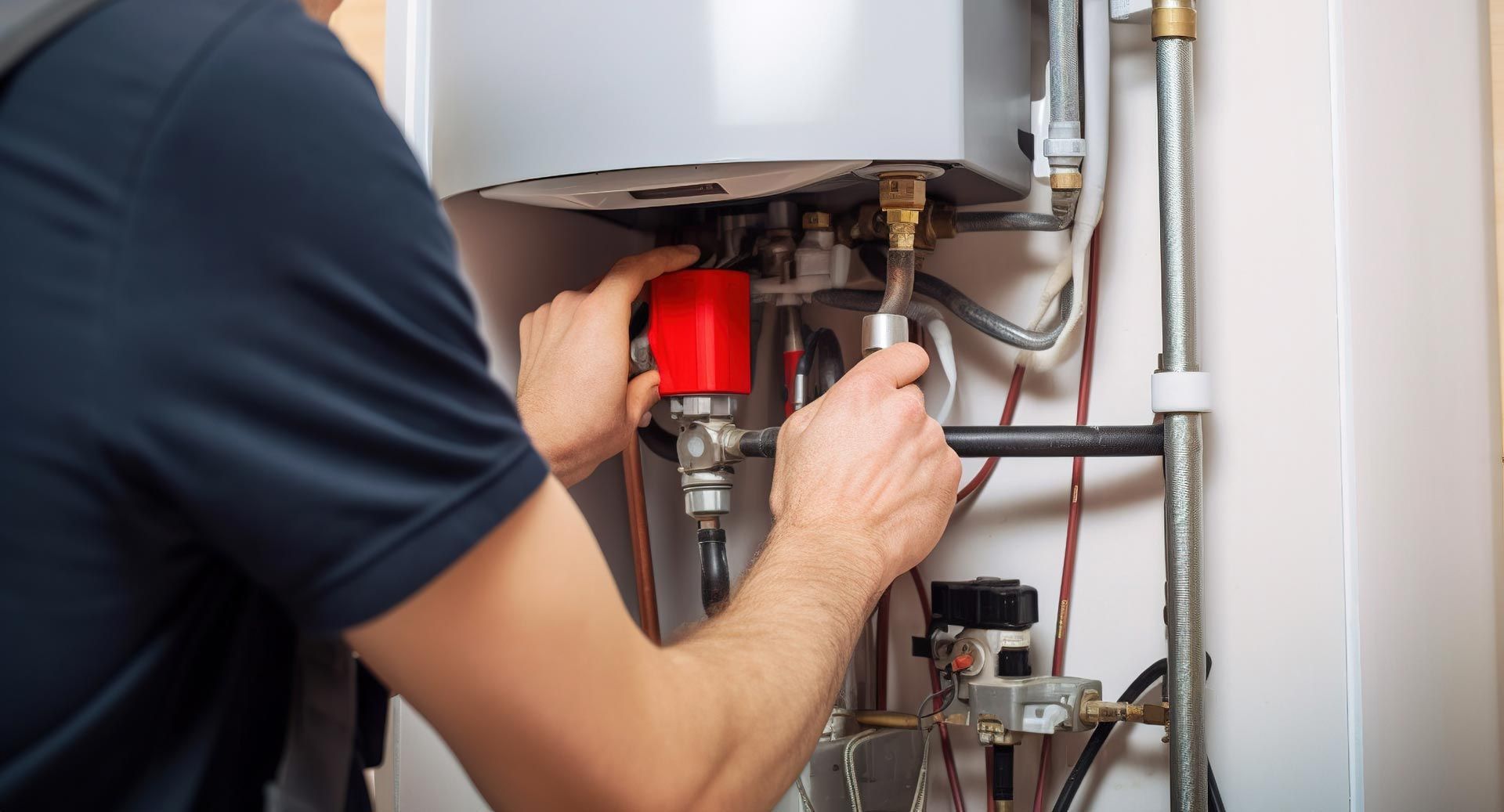 Technician working on an open boiler with tools inside a utility room