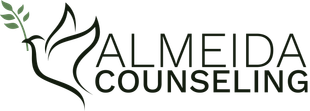 A logo for almeida counseling with a dove and a branch.