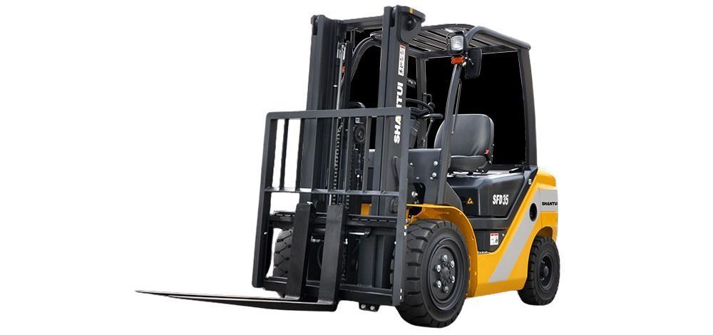 Yellow forklift with black forks and frame on a white background.— Northern Heavy Machinery in Mount Louisa, QLD