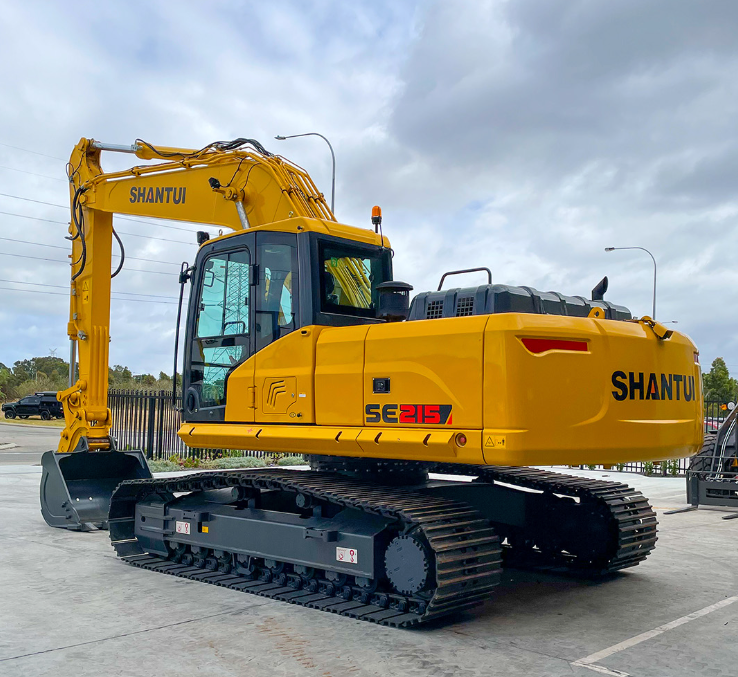 Yellow Shantui SE300 excavator on a construction site, with tracks and a bucket.— Northern Heavy Machinery in Mount Louisa, QLD