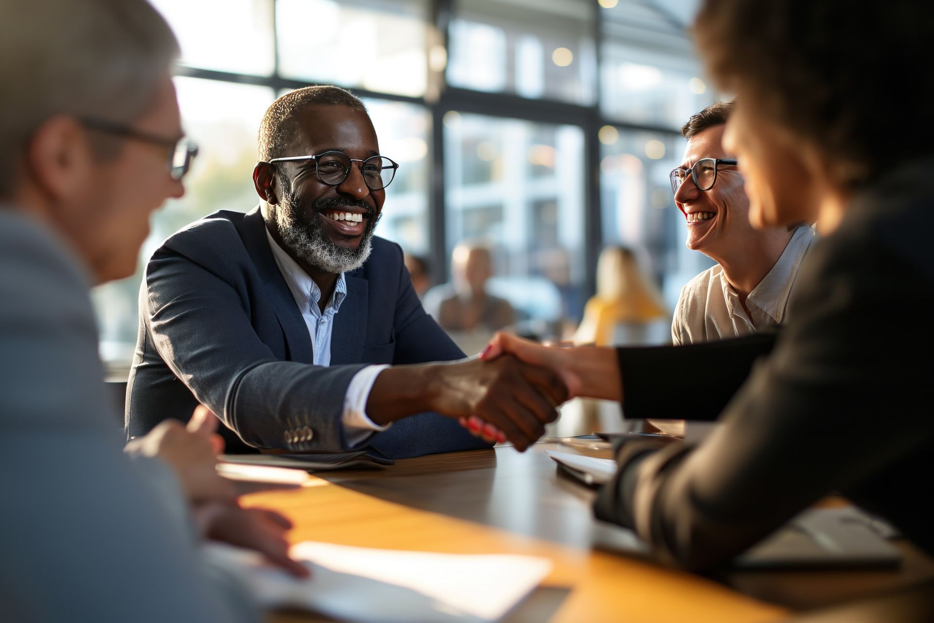 A group of business people are shaking hands at a table.