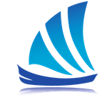 A blue sailboat with three sails on a white background.