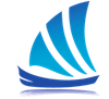 A blue sailboat with three sails on a white background.