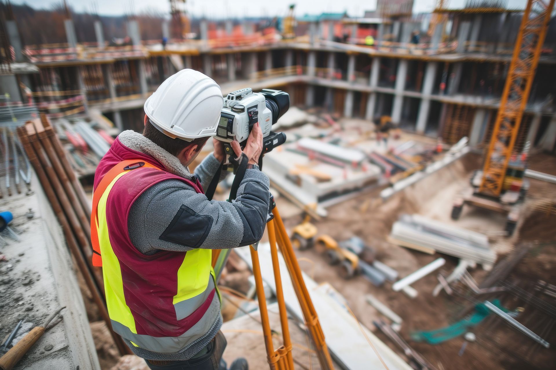 Construction worker using surveying equipment at a construction site.