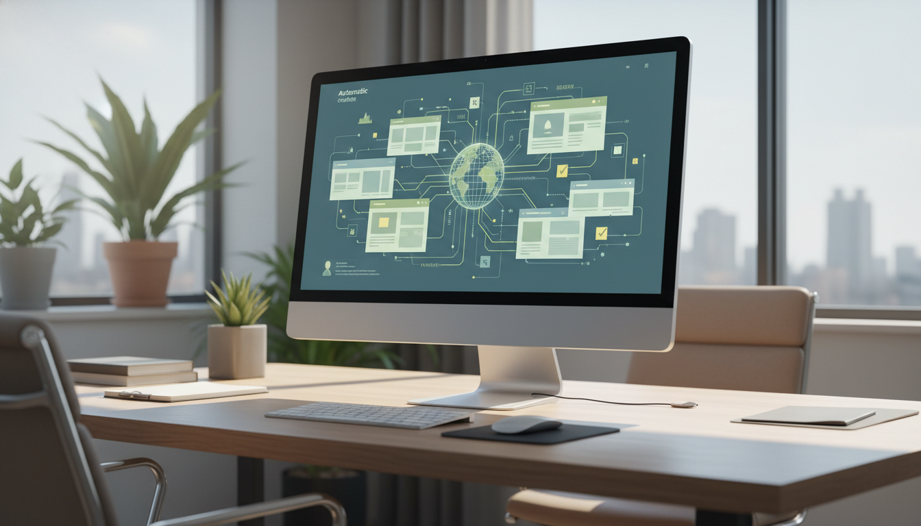 Computer monitor displaying a network diagram, set on a wooden desk near a window with a city view.