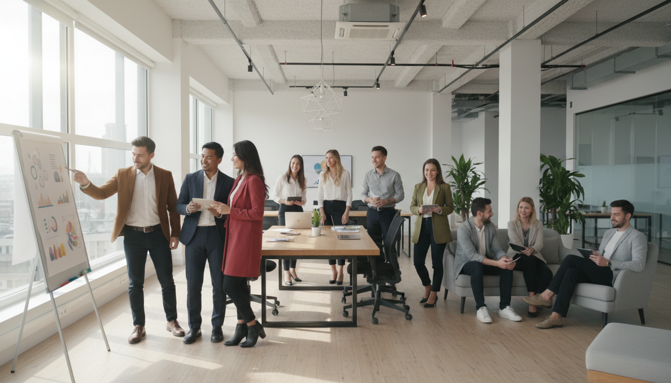 Office meeting: Man presenting chart, group in light-filled room with windows. People listening, some holding coffee.