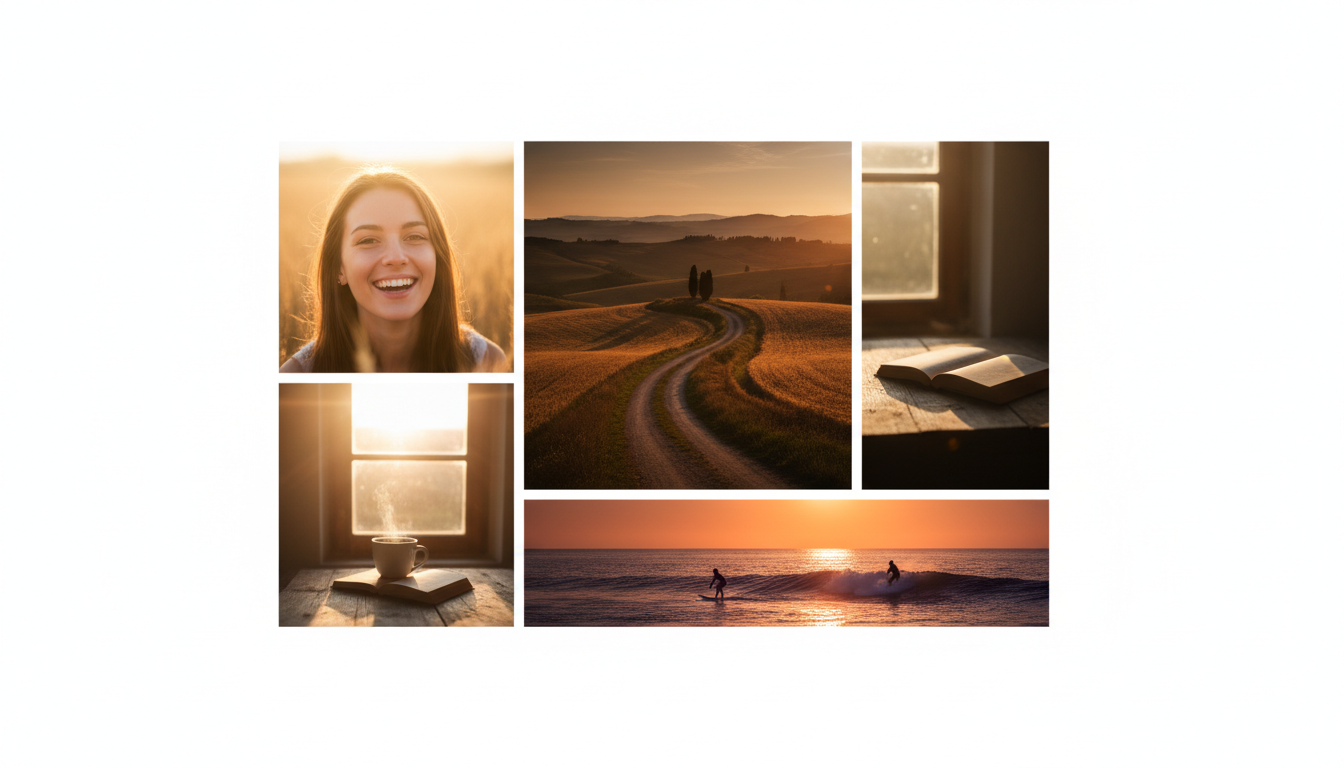 Collage: Woman smiling at sunset, road in Tuscan landscape, book on windowsill, lamp at sunset, surfers at sunset.