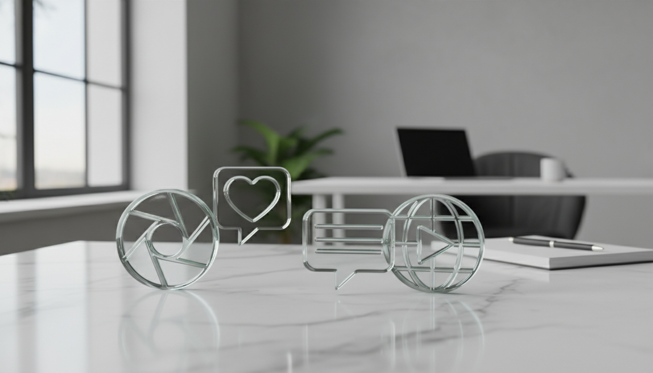 Glass social media icons on a marble surface in an office with a laptop and plant in the background.