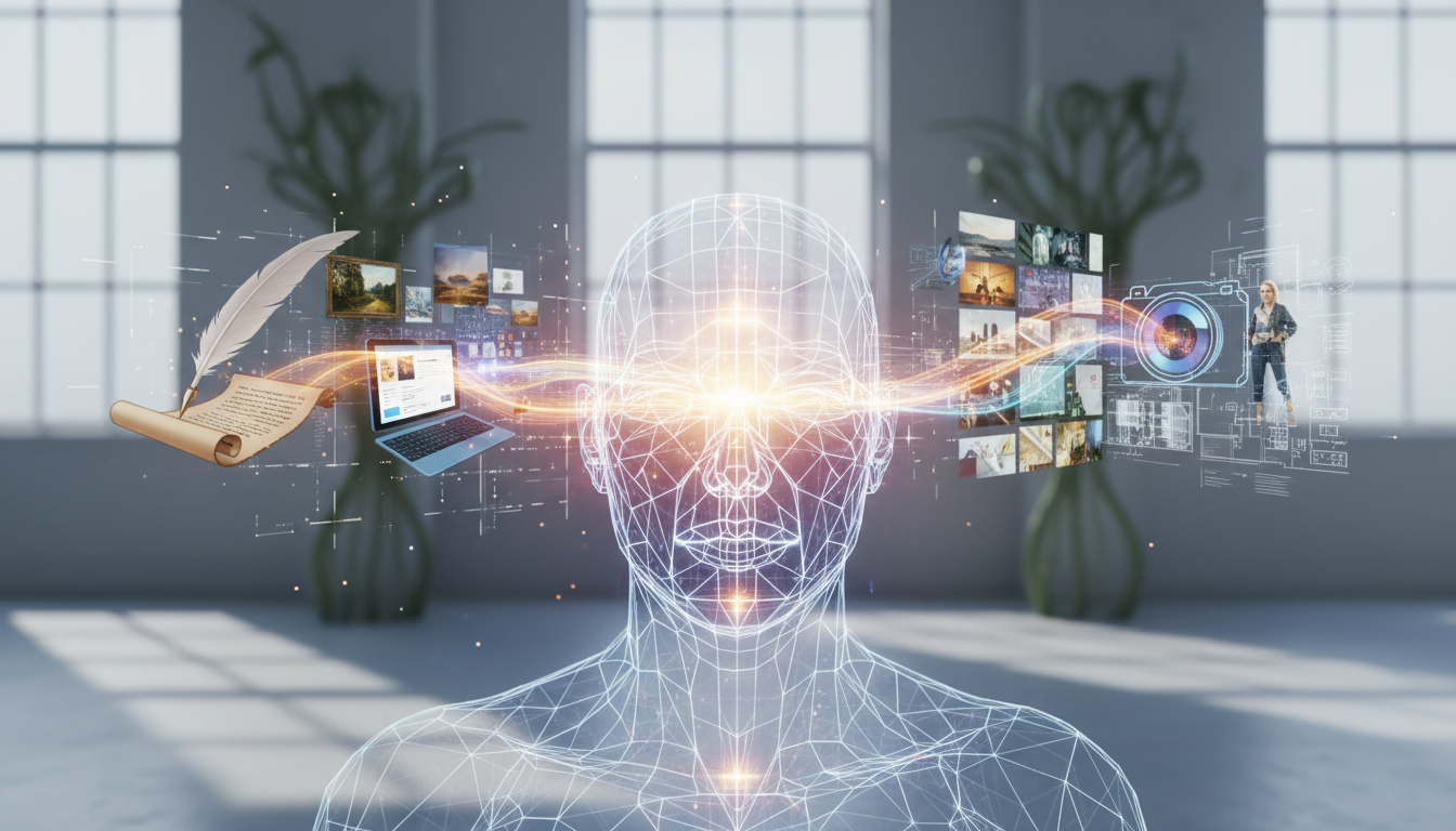 A digital person with glowing energy connecting data streams, representing thought and information.
