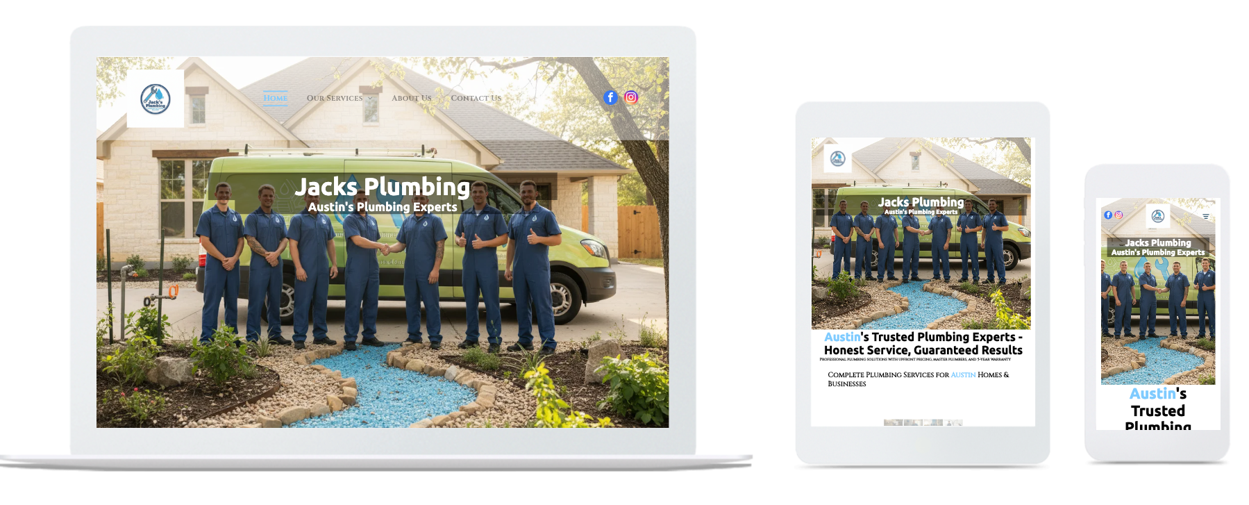 Laptop, tablet, and phone displaying a plumbing company's website. Team of plumbers in front of green van and house.