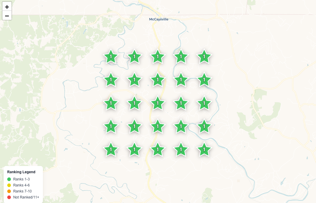 Map of an area with 30 green star icons indicating locations; legend at lower left.