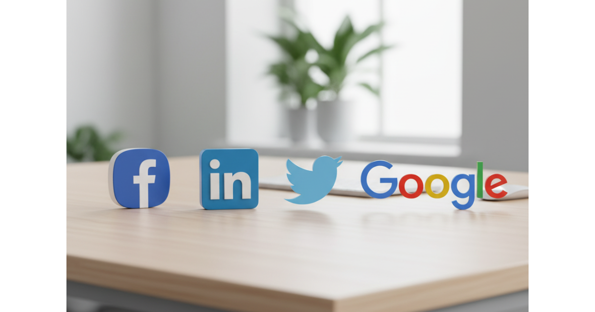 Logos for Facebook, LinkedIn, Twitter, and Google on a wooden surface with a window and plants in the background.