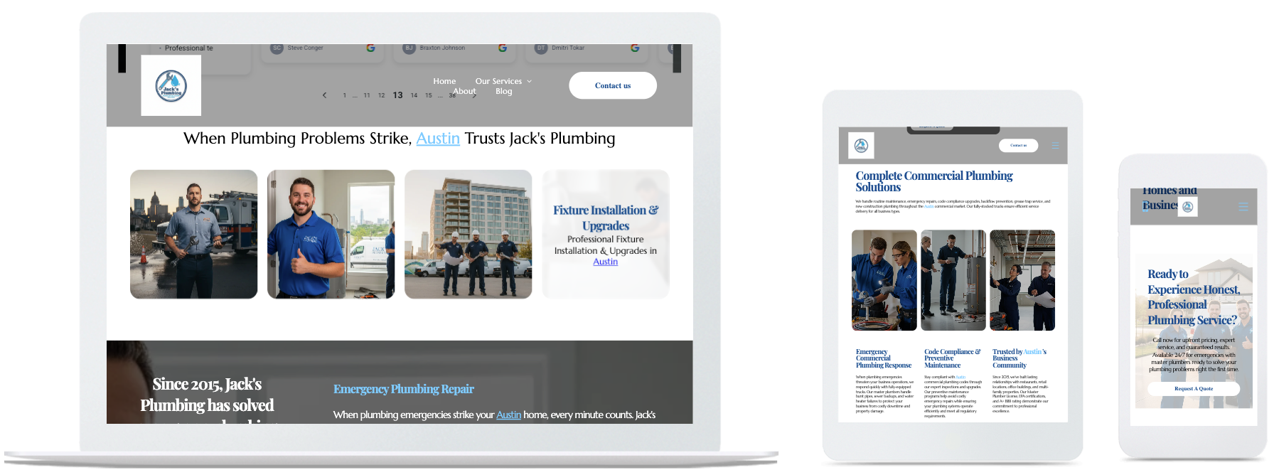 Website on laptop, tablet, and smartphone screens.