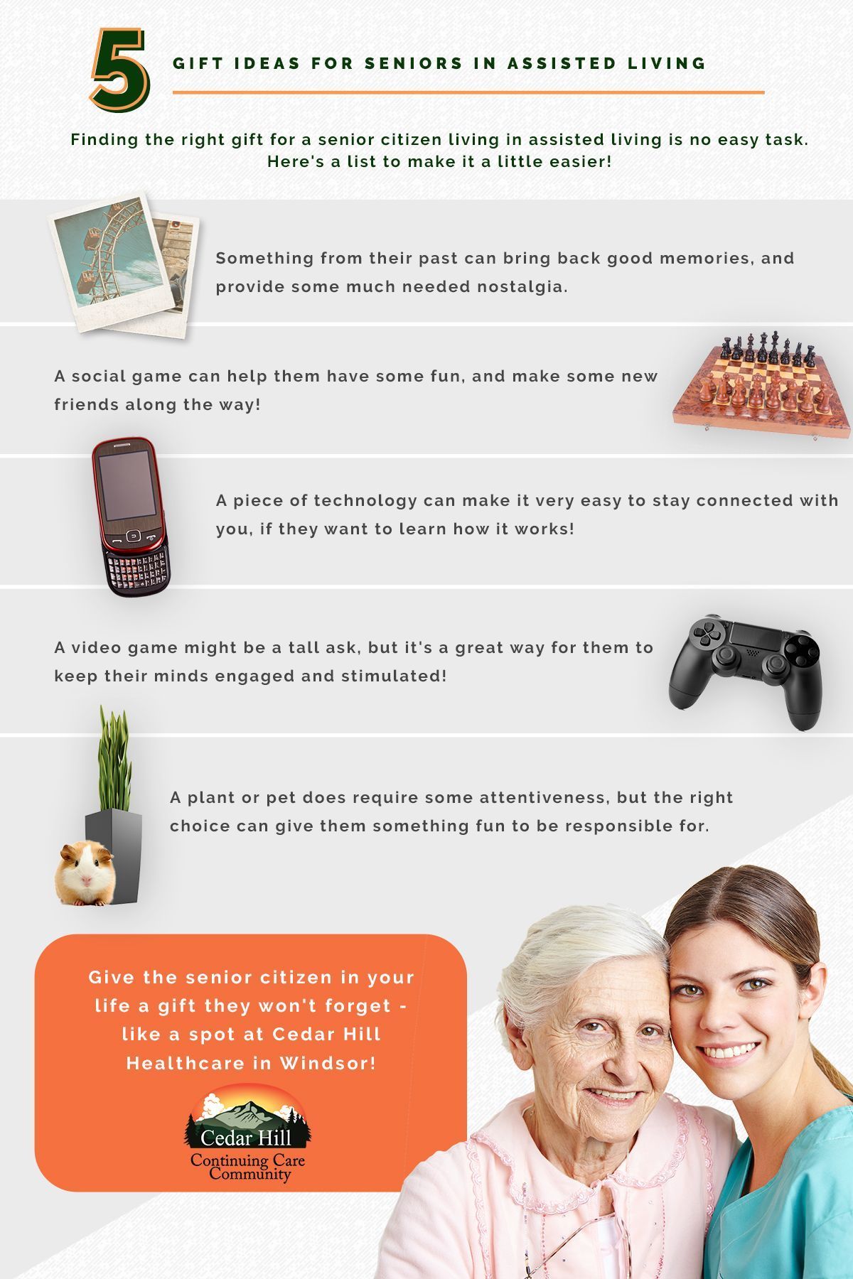 Infographic: 5 gift ideas for seniors in assisted living. Elderly woman smiling with caregiver, list of gift suggestions.