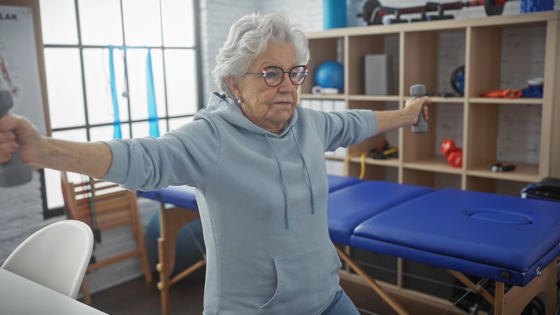 Older person in blue hoodie exercising with dumbbells in a therapy room.