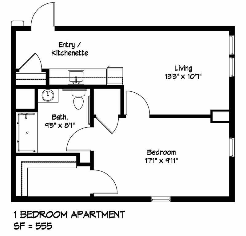 Floor plan of a 1-bedroom apartment with a living room, bedroom, bathroom, and kitchenette; total square footage is 555.