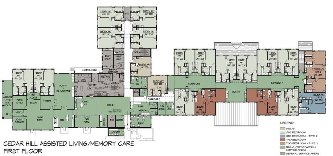 Floor plan of Cedar Hill Assisted Living/Memory Care, First Floor. Features various rooms colored in green and brown.