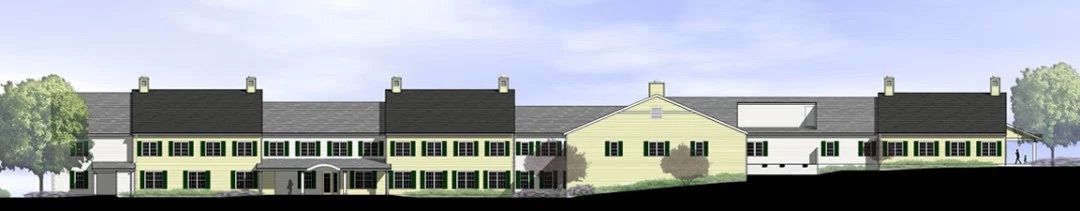 Illustration of a long, yellow building with a dark roof and many windows, trees, and a light blue sky.